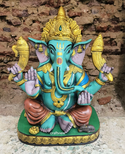 15" Brass Lord Ganesh Statue With Multicolored Finished