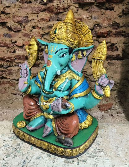 15" Brass Lord Ganesh Statue With Multicolored Finished