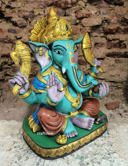 15" Brass Lord Ganesh Statue With Multicolored Finished