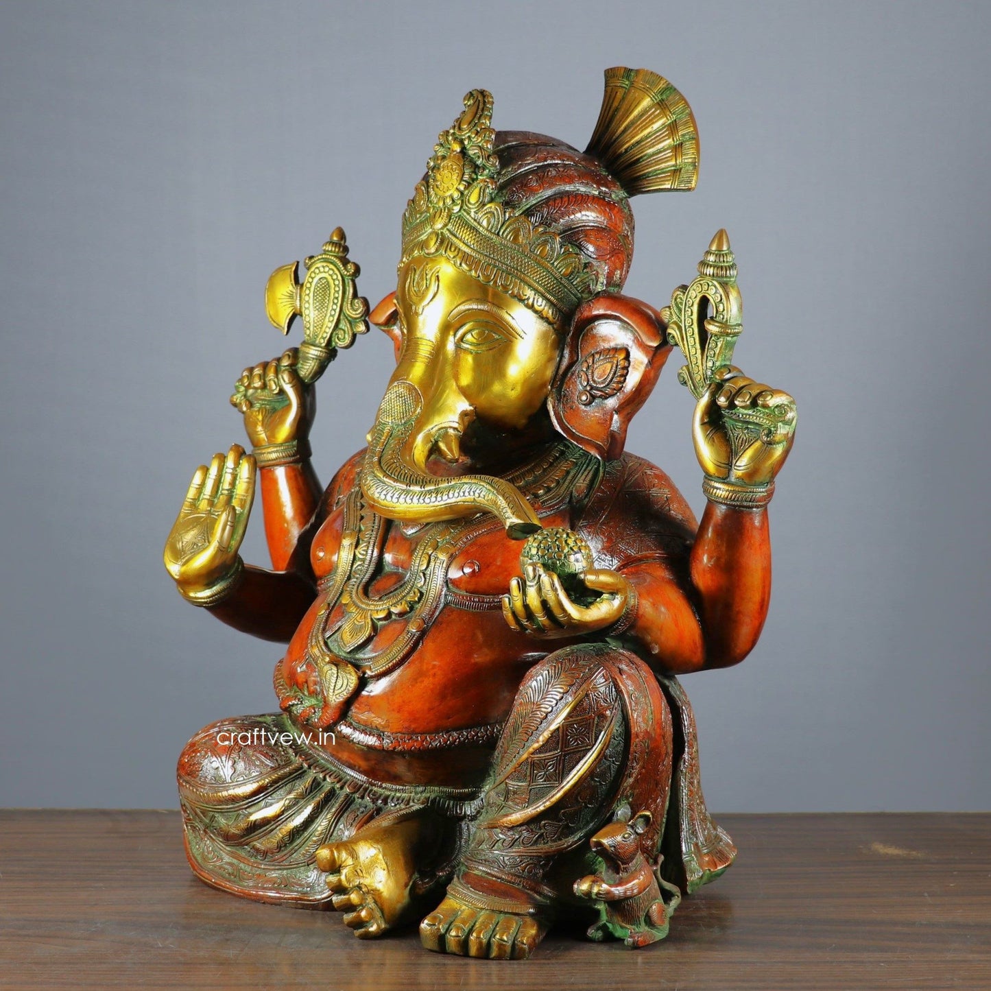 Brass Pagadi Ganesh Statue Sitting on Lalitsana. Copper Brown