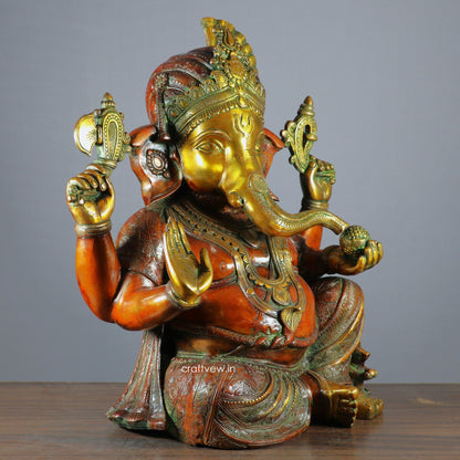 Brass Pagadi Ganesh Statue Sitting on Lalitsana. Copper Brown