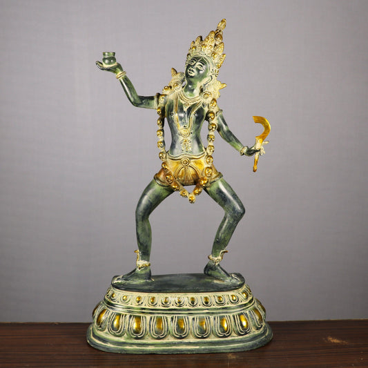 Brass Sculpture of the Hindu Goddess Kali Dancing Wearing a Crown & Garland of Skulls 23"