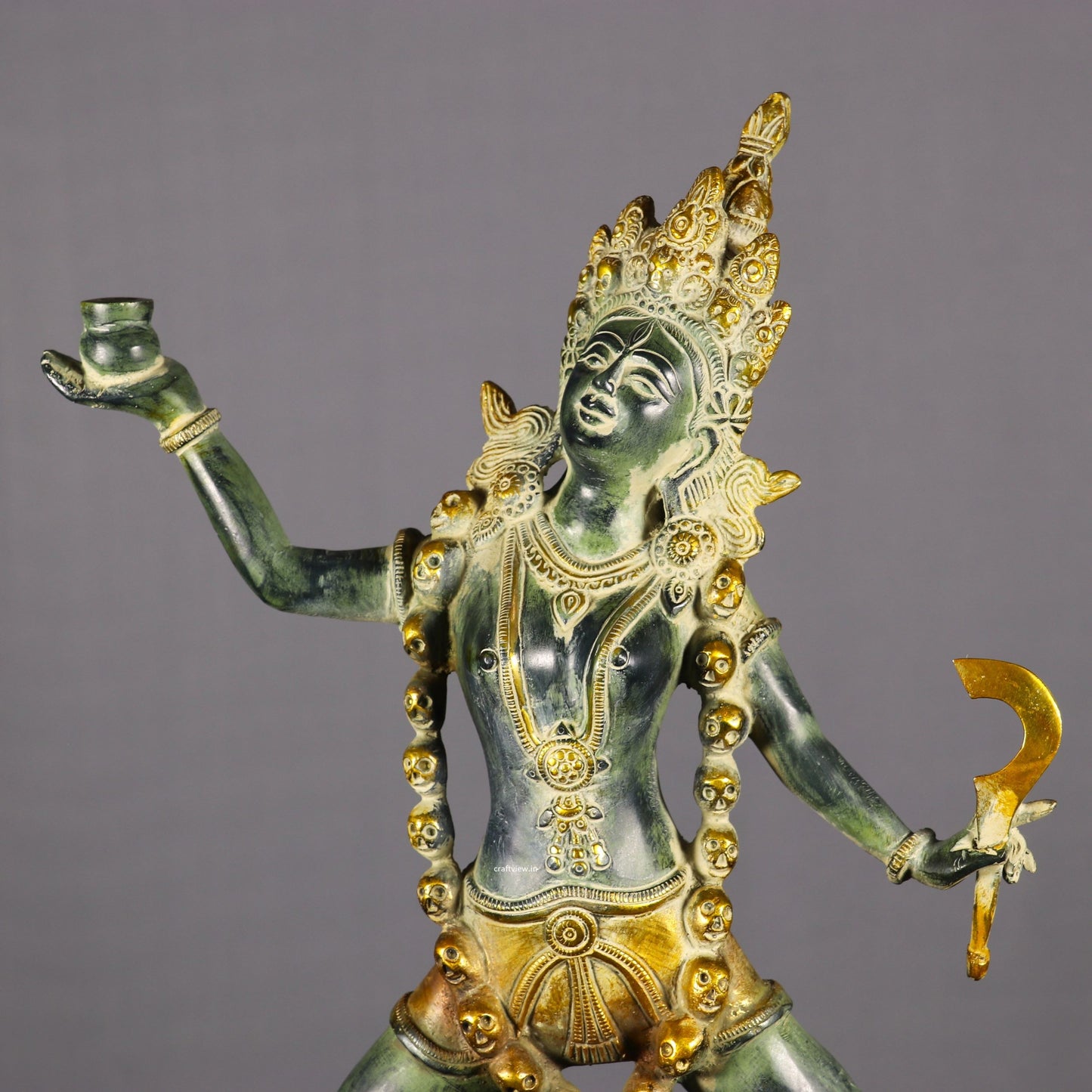 Brass Sculpture of the Hindu Goddess Kali Dancing Wearing a Crown & Garland of Skulls 23"