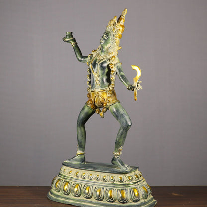 Brass Sculpture of the Hindu Goddess Kali Dancing Wearing a Crown & Garland of Skulls 23"