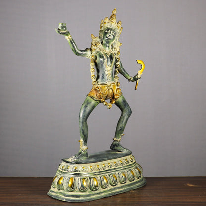 Brass Sculpture of the Hindu Goddess Kali Dancing Wearing a Crown & Garland of Skulls 23"