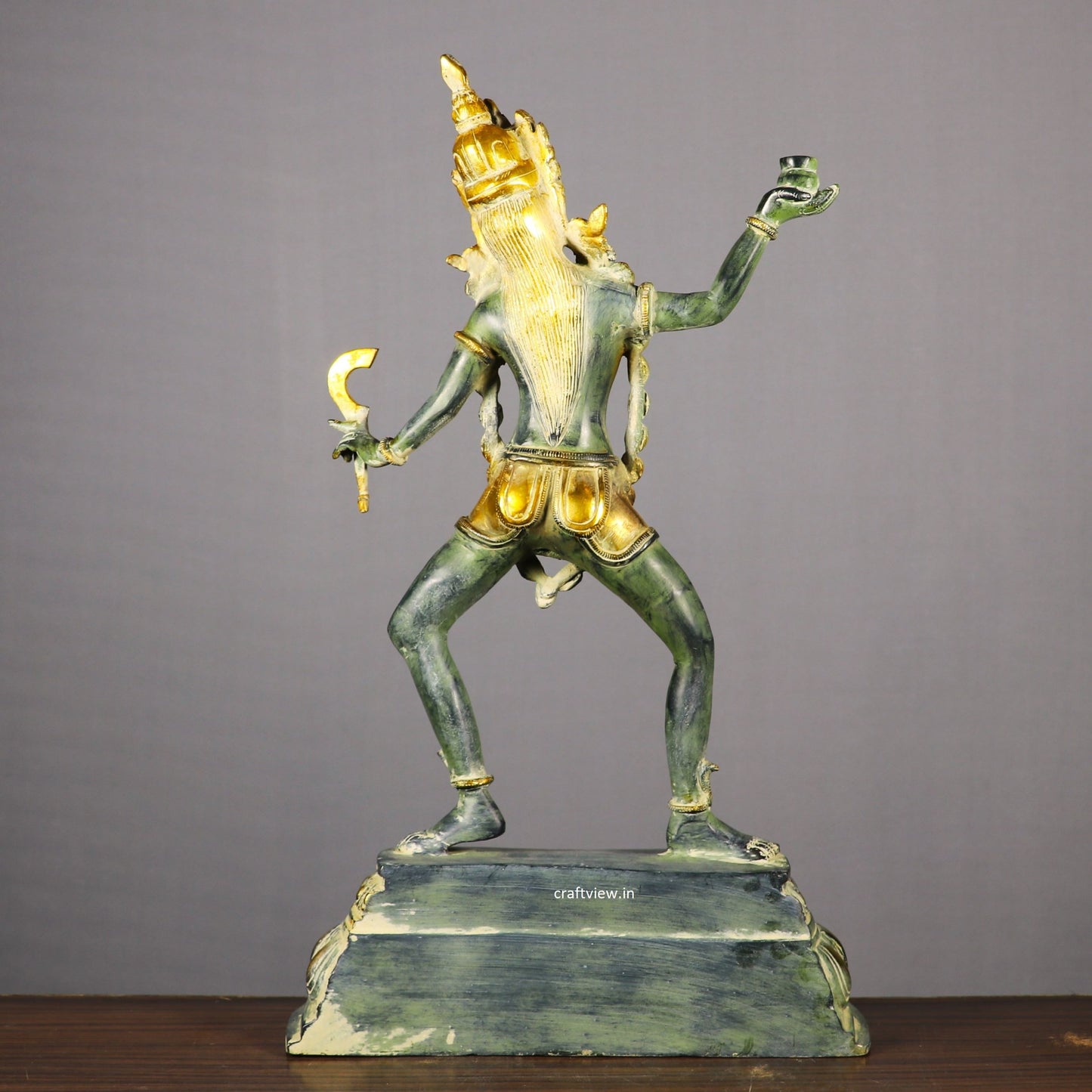 Brass Sculpture of the Hindu Goddess Kali Dancing Wearing a Crown & Garland of Skulls 23"