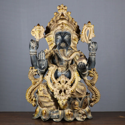 Brass Ganesh Idol Sited on Lotus 21"