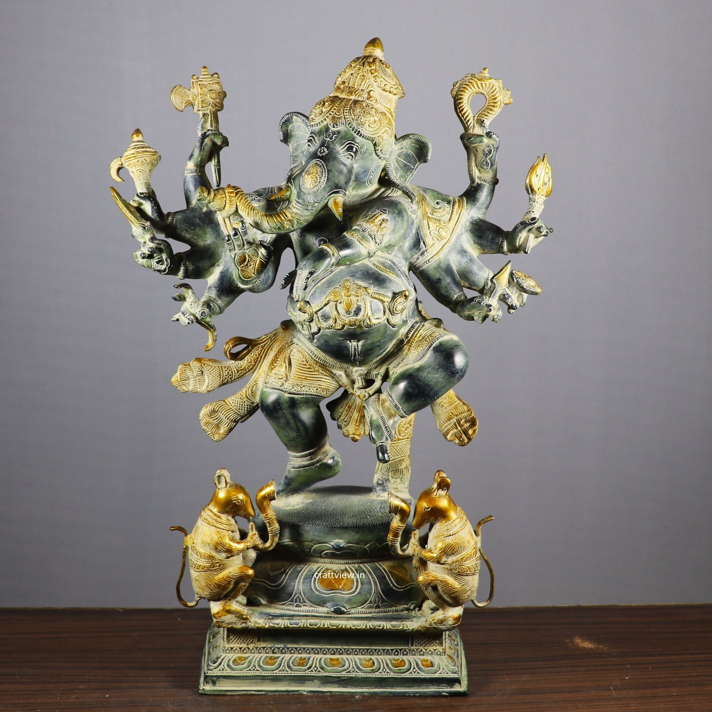 Brass Dashbhuja Ganesh Statue Vintage finished