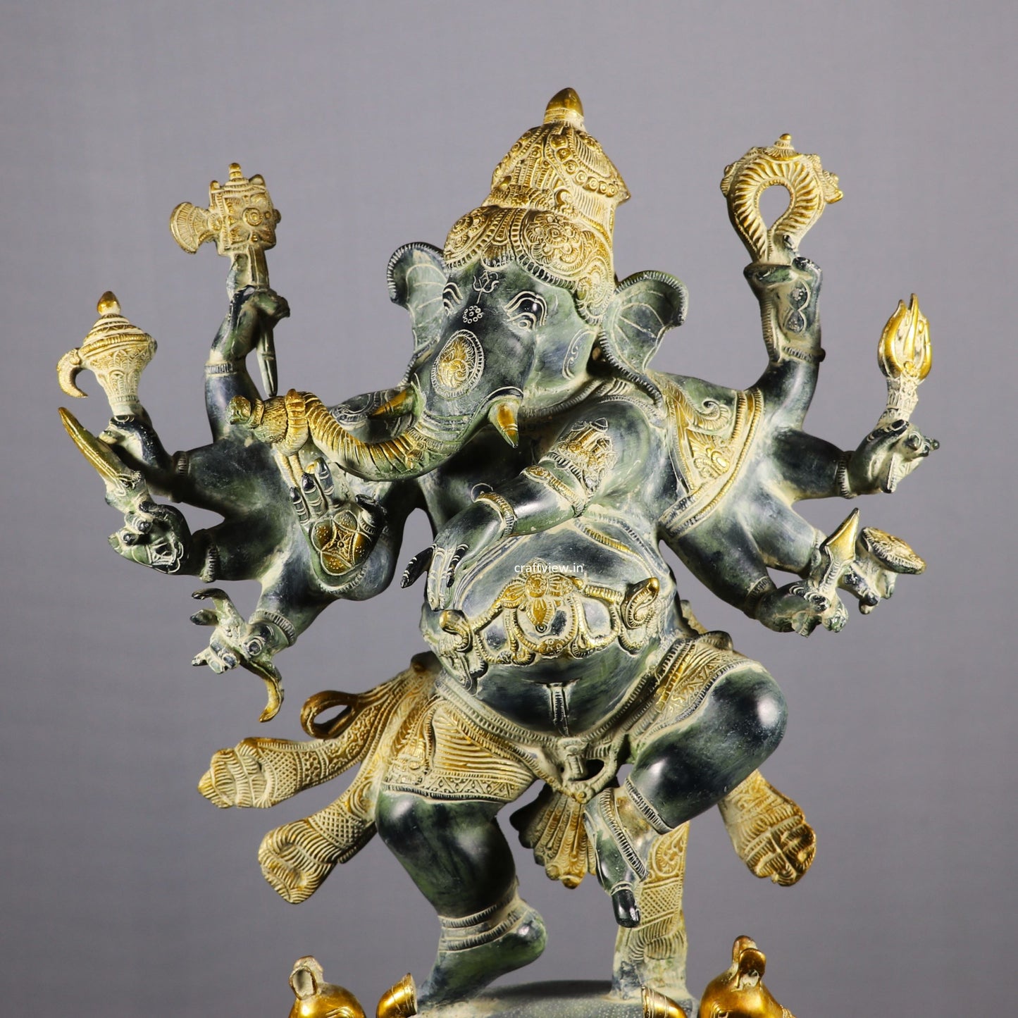 Brass Dashbhuja Ganesh Statue Vintage finished