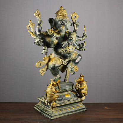 Brass Dashbhuja Ganesh Statue Vintage finished