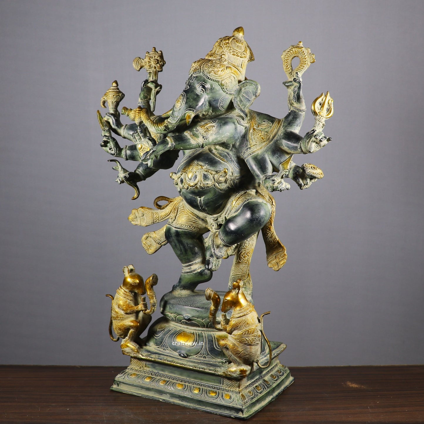 Brass Dashbhuja Ganesh Statue Vintage finished