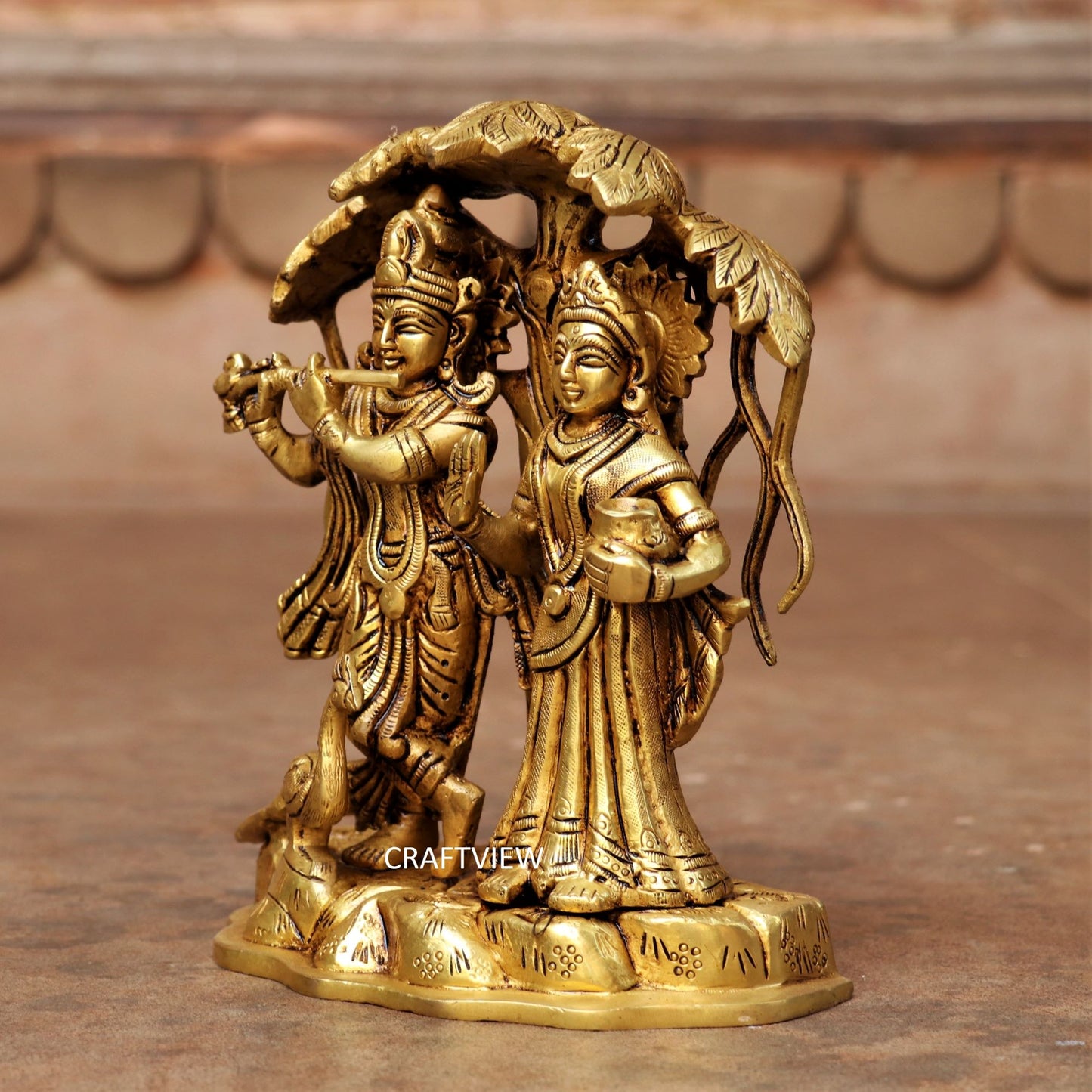 7" Brass Lord Radha Krishna Statue With Tree