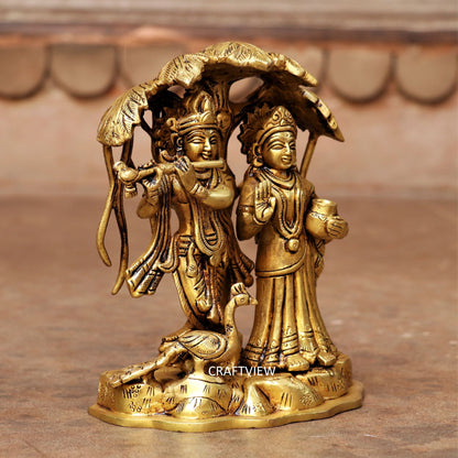 7" Brass Lord Radha Krishna Statue With Tree