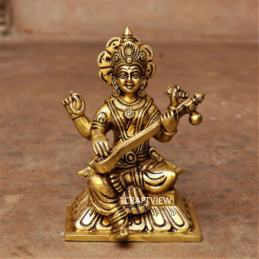 Brass Saraswati Statue Sitting On Base 6"