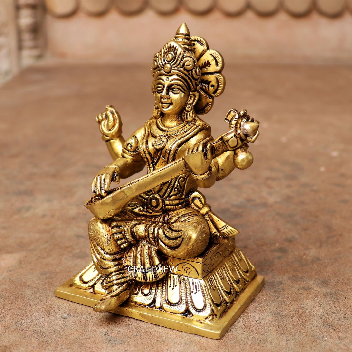 Brass Saraswati Statue Sitting On Base 6"