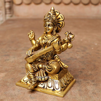 Brass Saraswati Statue Sitting On Base 6"