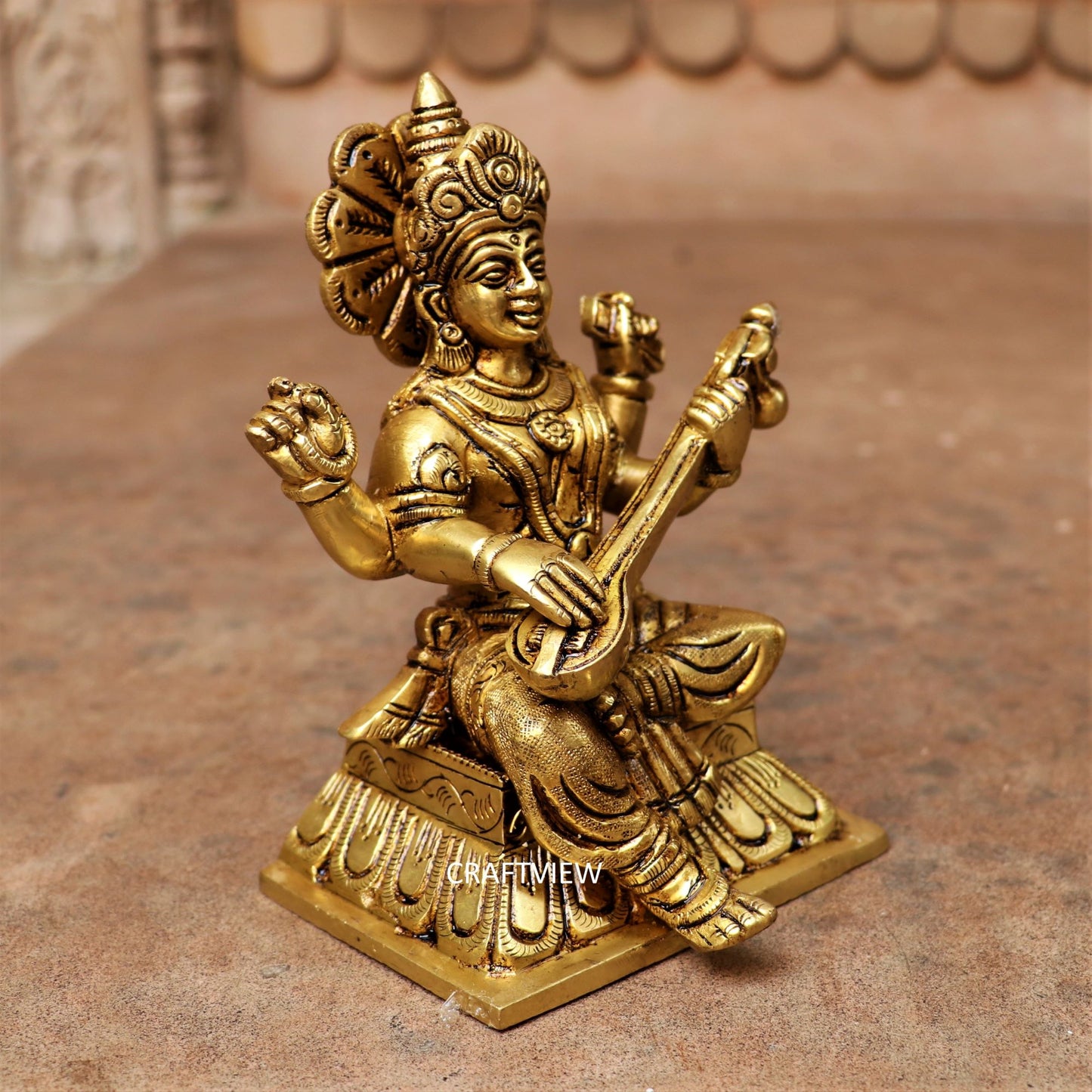 Brass Saraswati Statue Sitting On Base 6"