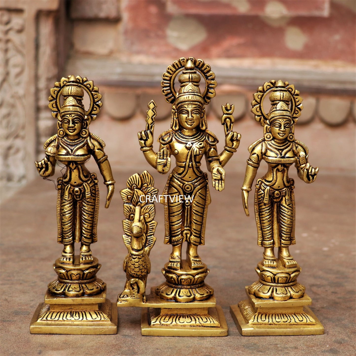 8" Brass Kartik (Murgan) With Lakshmi Statues Set of 3 Peace.