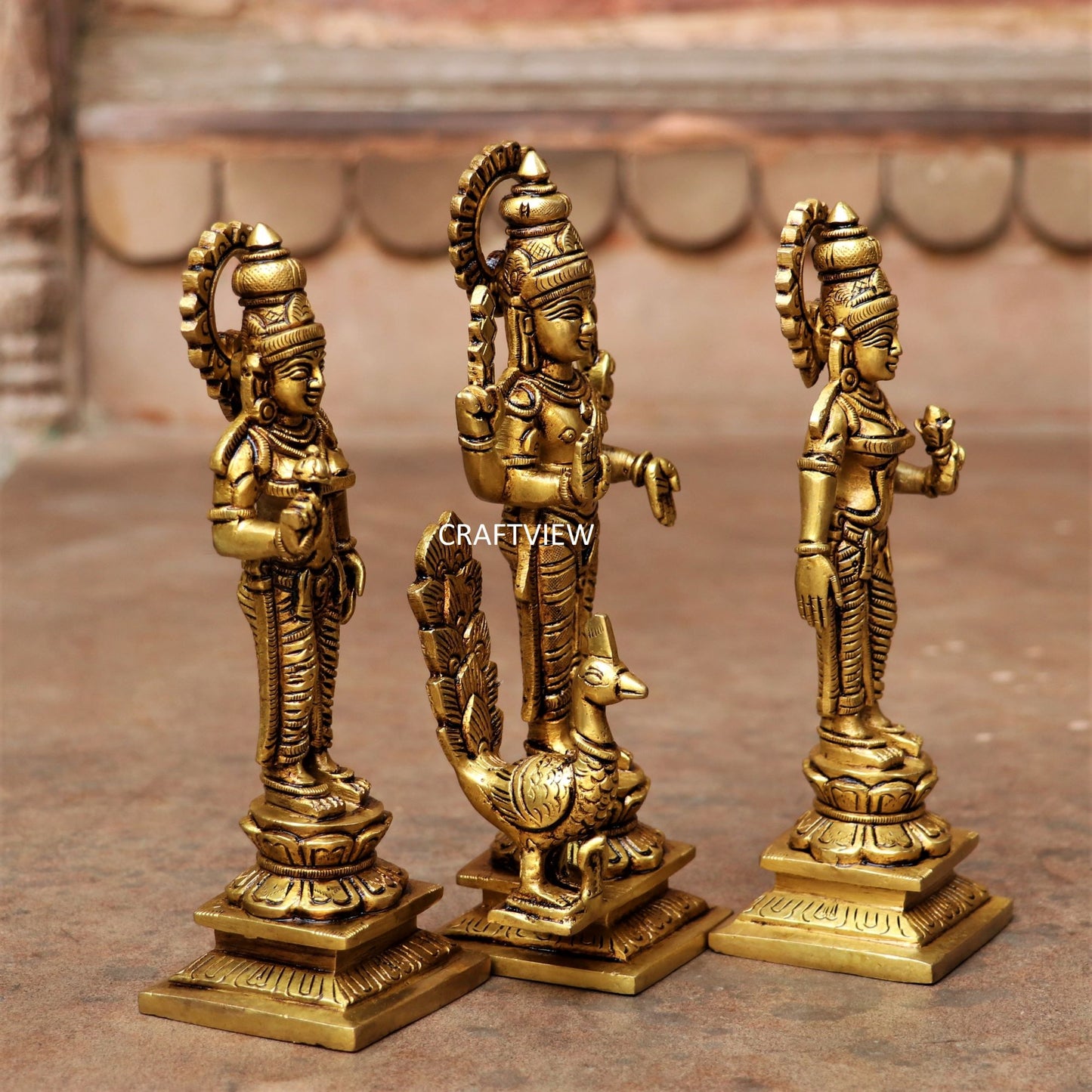 8" Brass Kartik (Murgan) With Lakshmi Statues Set of 3 Peace.