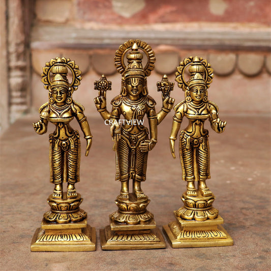 8" Brass Lord Tirupati Lakshmi Sculpture set of 3 Peace