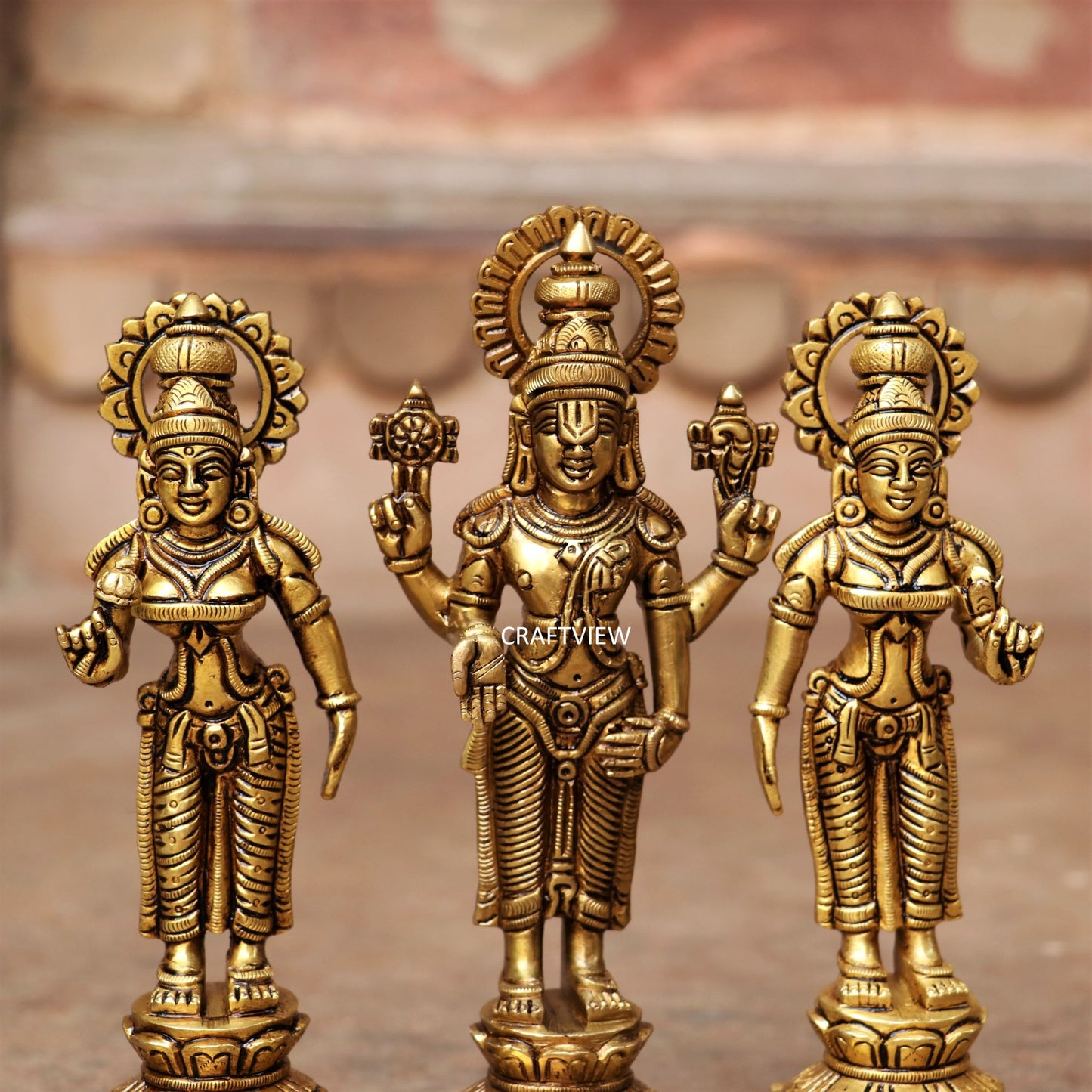 8" Brass Lord Tirupati Lakshmi Sculpture set of 3 Peace