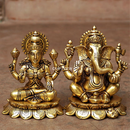 5.5" Brass Lotus Ganesh Lakshmi Statue