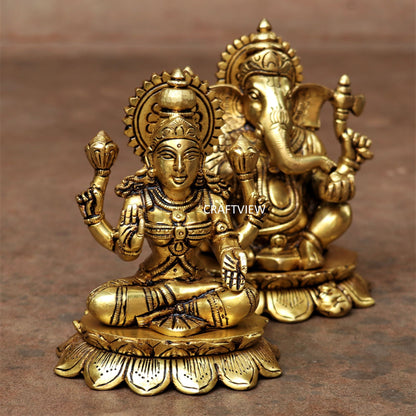 5.5" Brass Lotus Ganesh Lakshmi Statue