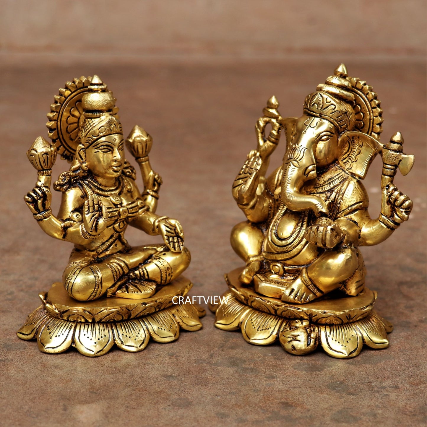 5.5" Brass Lotus Ganesh Lakshmi Statue