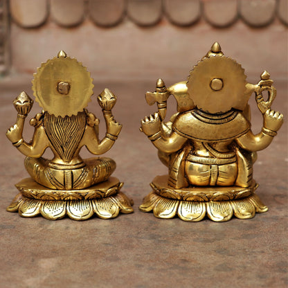 5.5" Brass Lotus Ganesh Lakshmi Statue