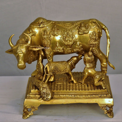 Brass Animal Cow and Calf Statue With Peacock