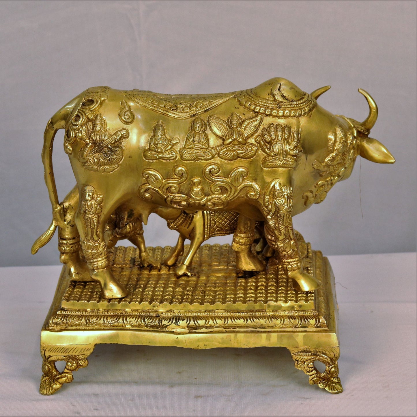 Brass Animal Cow and Calf Statue With Peacock