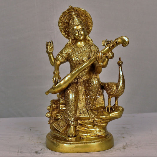 Brass Saraswati Chola Statue sitting on lotus 14.5"