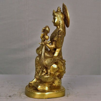 Brass Saraswati Chola Statue sitting on lotus 14.5"