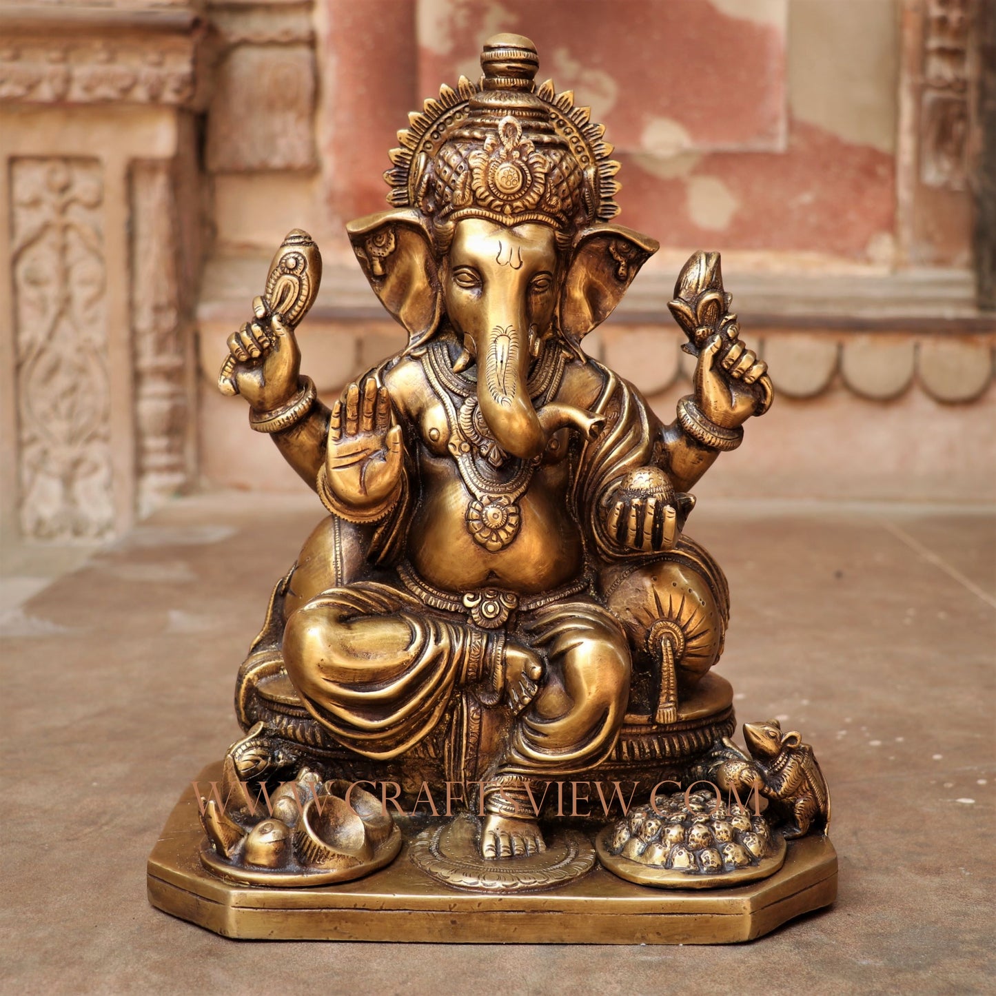 Brass Ganesha Statue Sitting on Base 13"