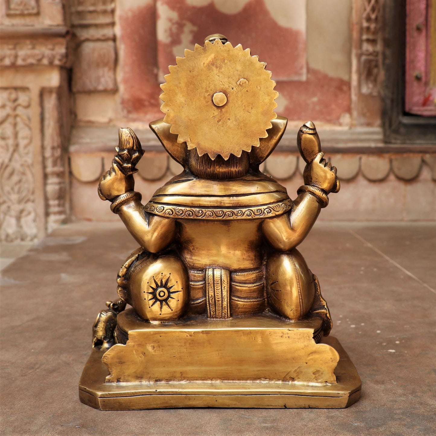 Brass Ganesha Statue Sitting on Base 13"