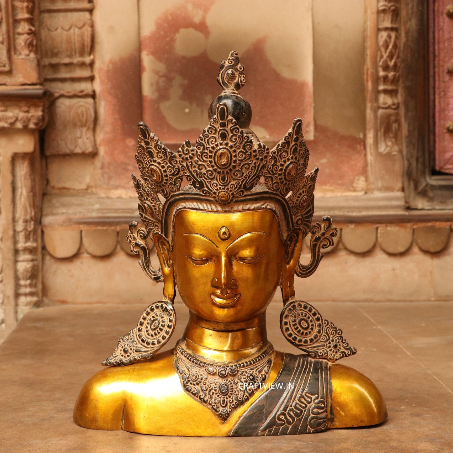 17" Artistic Crown King Buddha Bust Figurine