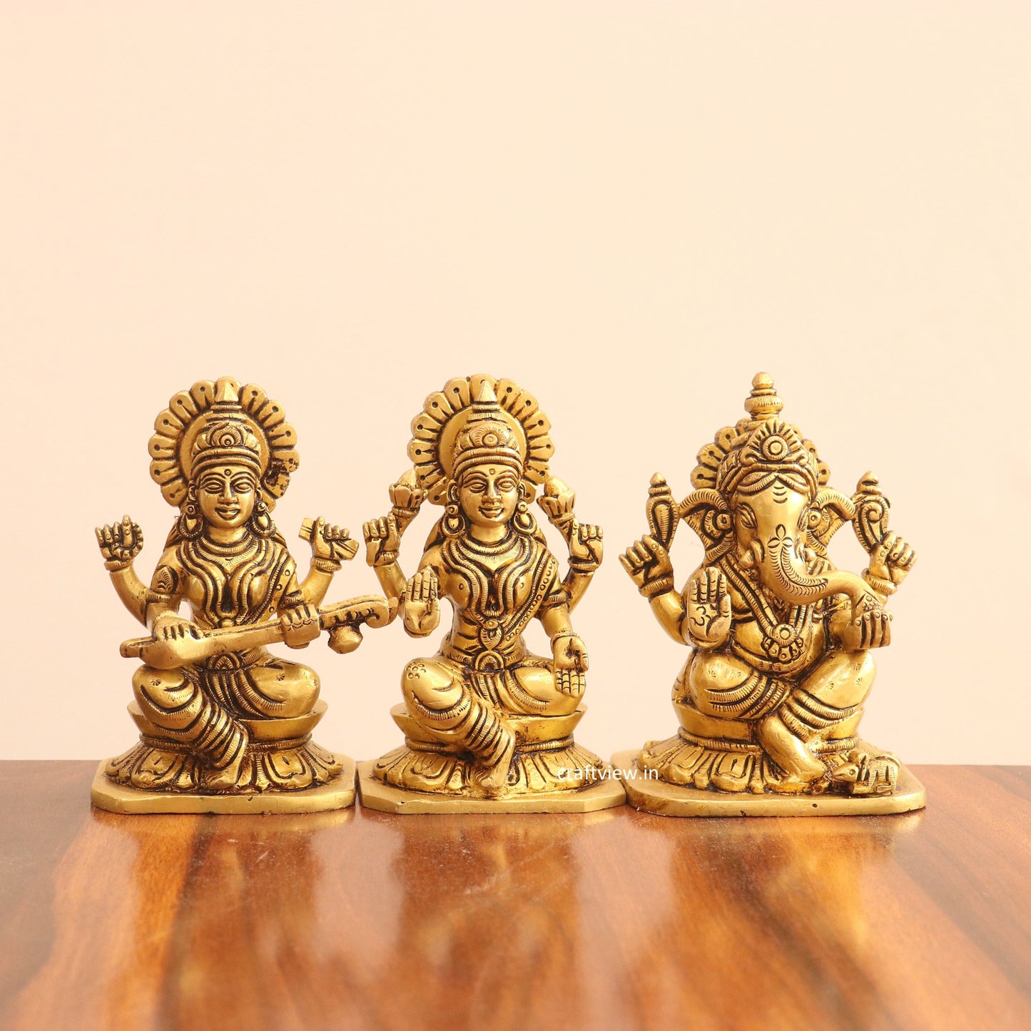 5" Superfine Small Brass Ganesh Lakshmi Saraswati Idols set of 3 Peace