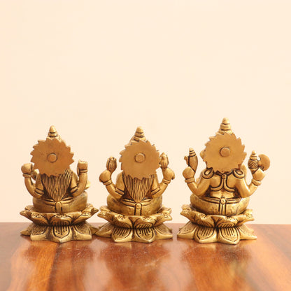 4.5"Brass Superfine Lotus Ganesh Lakshmi Saraswati Idols set of 3 Peace