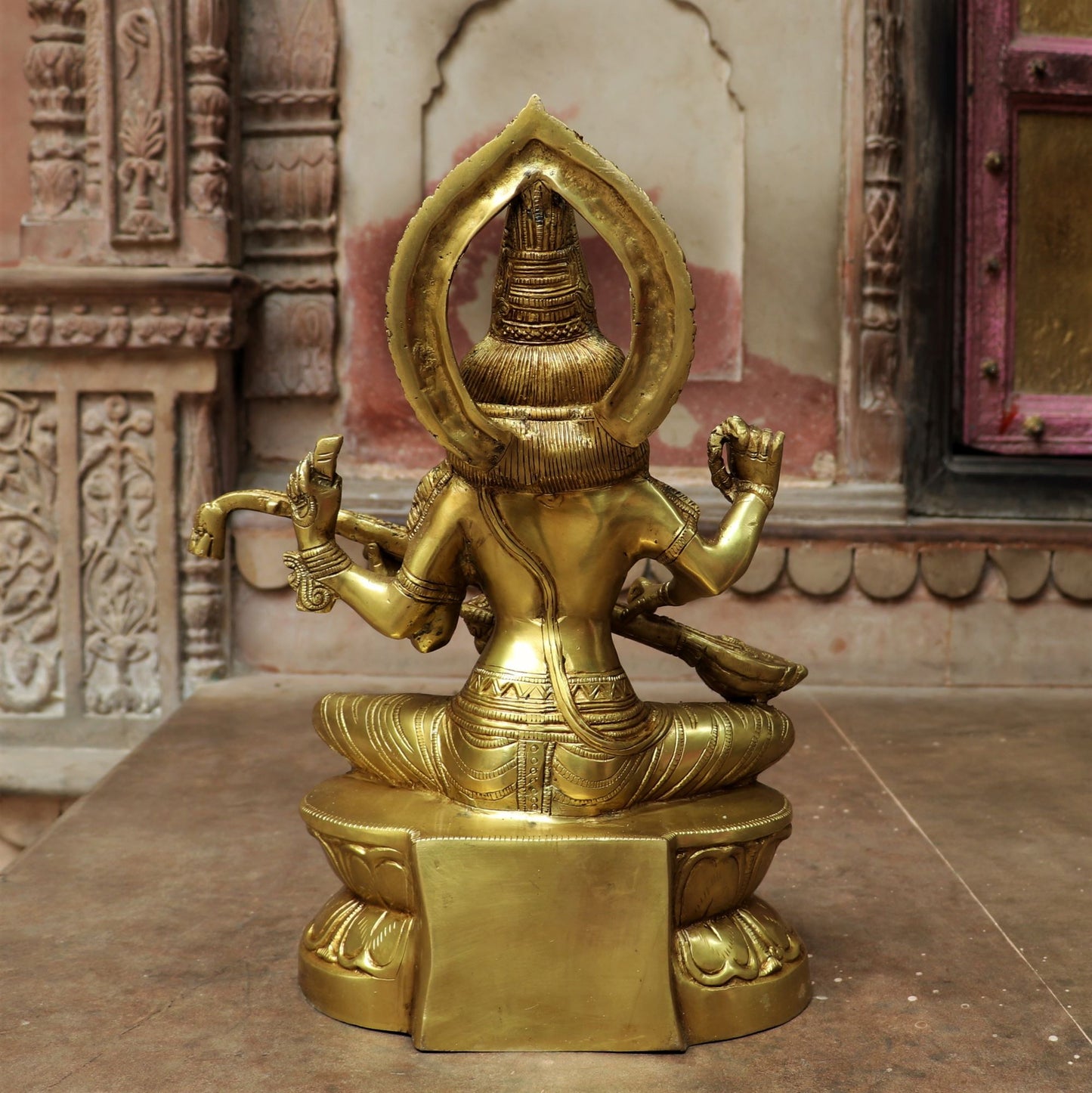 Brass Saraswati Statue Sitting On Base