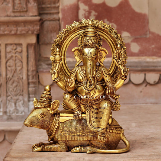 Brass Lord Ganesha Statue Sited On Musak 16"