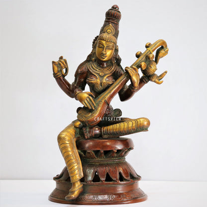 Brass Saraswati Statue sitting on lotus 12"