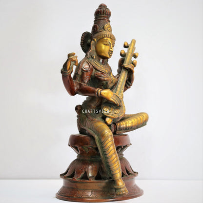 Brass Saraswati Statue sitting on lotus 12"