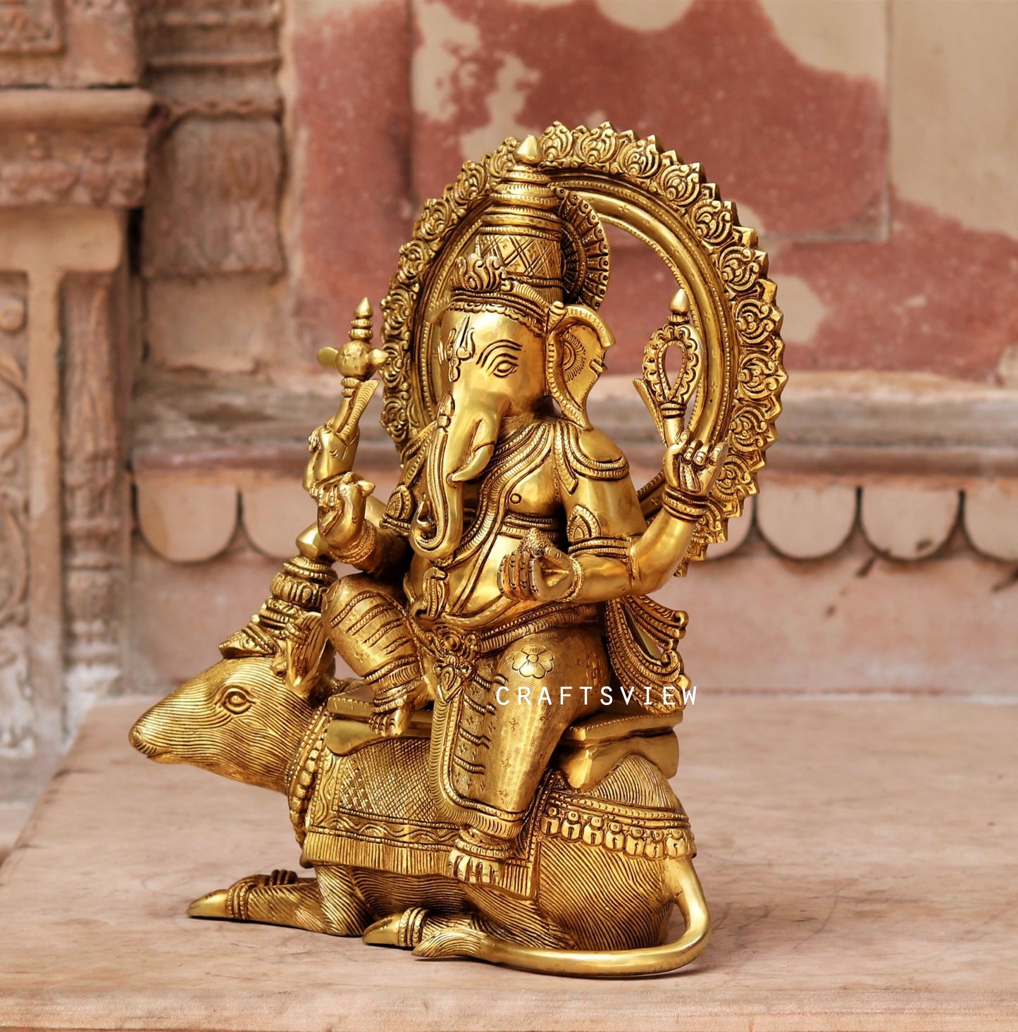 Brass Lord Ganesha Statue Sited On Musak 16"