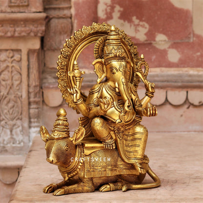 Brass Lord Ganesha Statue Sited On Musak 16"