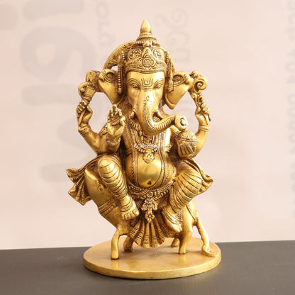 11" Brass Lord Ganesha Statue Sited On Musak