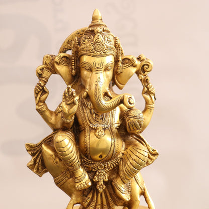 11" Brass Lord Ganesha Statue Sited On Musak