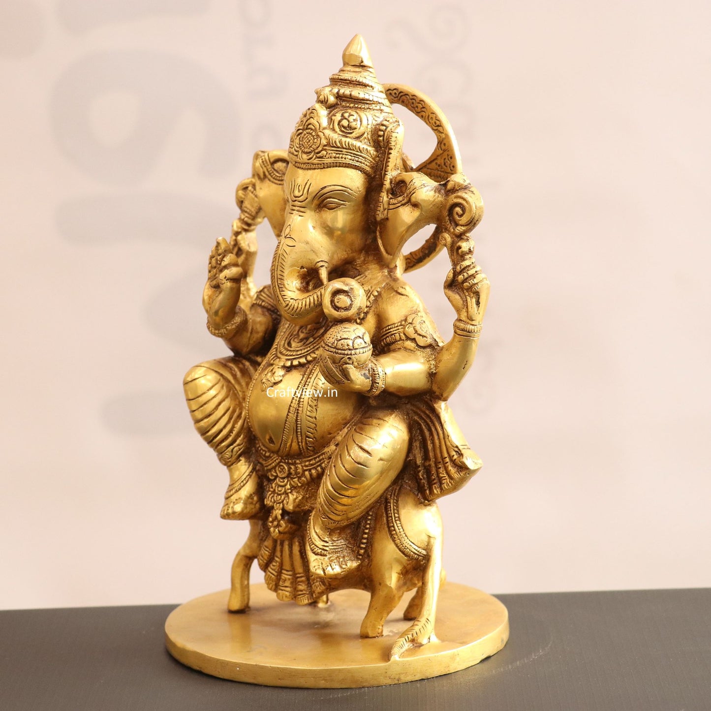 11" Brass Lord Ganesha Statue Sited On Musak