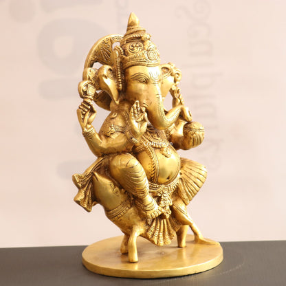 11" Brass Lord Ganesha Statue Sited On Musak