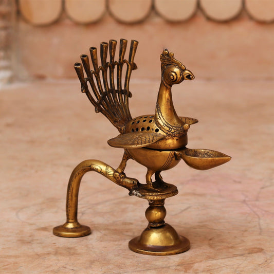 Brass Peacock Incense Burner With Diya.