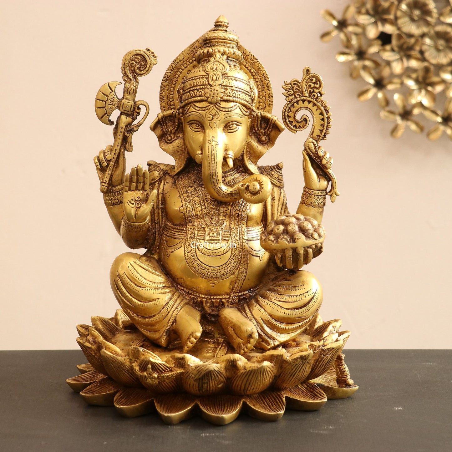 Brass Lord Ganesha Statue Sited On Lotus Base